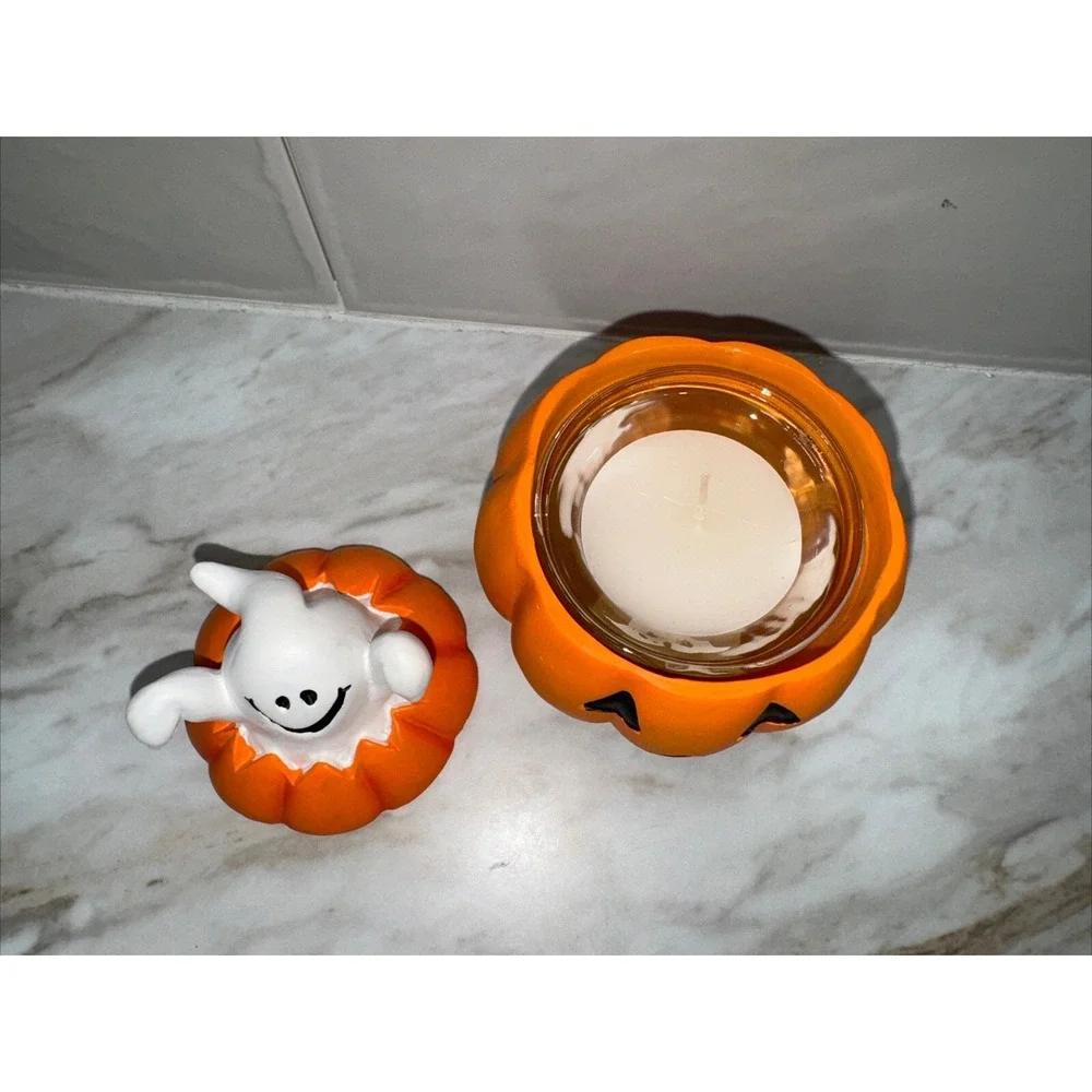 Vintage Ceramic Ghost on Pumpkin Lid Halloween Candle Holder Trinket Box‎